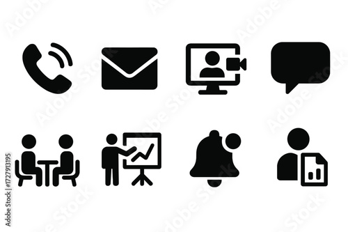 Broker Communication Icons. Solid, filled icon set of broker communication: phone call, email, video call, chat bubble, meeting, presentation, notification,