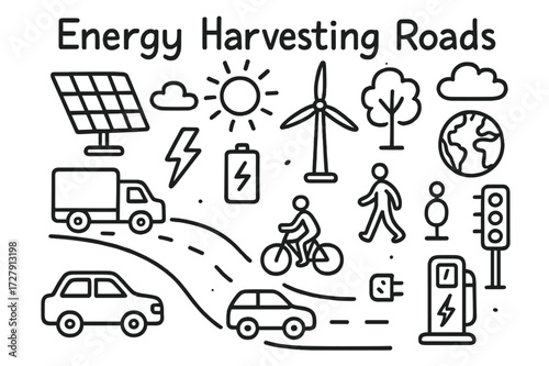 Sustainable Energy Roadway. Hand-drawn doodle illustration Energy harvesting roads [road, solar panel, wind turbine, car, truck, bicycle, pedestrian, energy