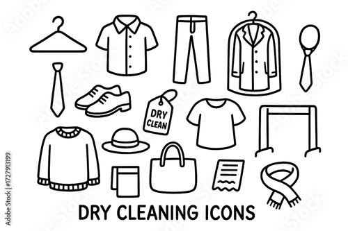 Dry Cleaning Doodles. Hand-drawn doodle illustration Dry cleaning hanger, shirt, pants, coat, plastic cover, tie, shoes, tag, blouse, sweater, hat, bag, rack,