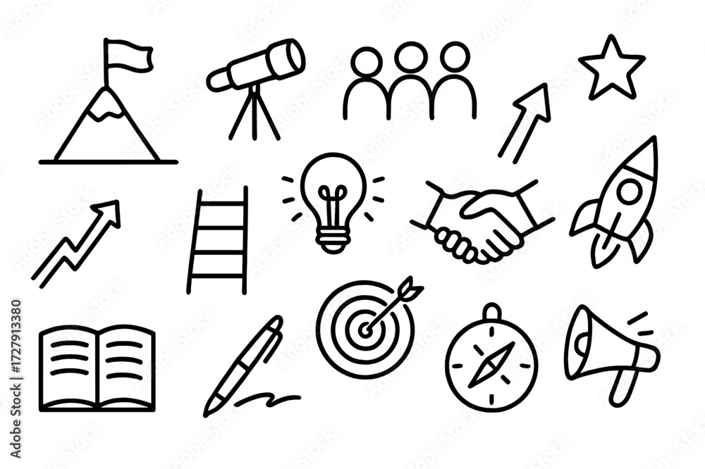 Obraz premium Leadership Icons Doodle. Hand-drawn doodle illustration leadership and vision flag on mountain, telescope, group of people, star, light bulb, arrow, ladder,
