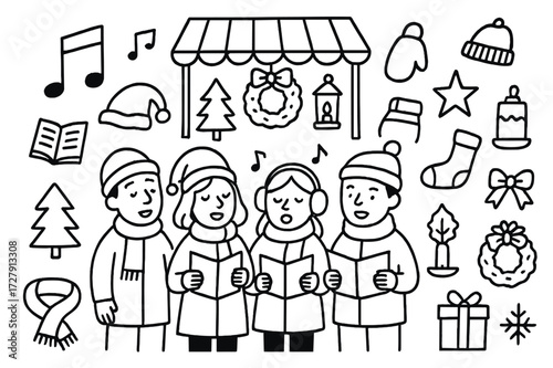 Carol Singers Doodle. Hand-drawn doodle illustration Carol singers at market music note, book, bell, lantern, star, mitten, hat, scarf, snowflake, pine tree,