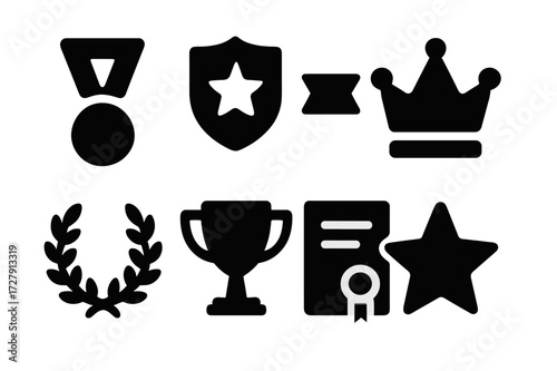 Black Honor Icons. Solid, filled icon set of honor decorations: medal, badge, ribbon, crown, laurel wreath, trophy, certificate, star. Solid, filled icons in