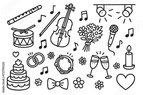 Wedding Celebration Icons. Hand-drawn doodle illustration Traditional wedding band flute, violin, drum, tambourine, music notes, microphone, stage lights,