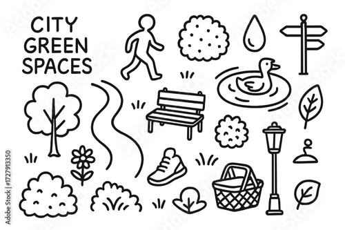 City Park Doodle. Hand-drawn doodle illustration city green spaces park map, path, tree, flower, bench, bush, water droplet, pond, duck, lamp post, signpost,