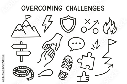 Overcoming Challenges Icons. Hand-drawn doodle illustration Overcoming Challenges mountain, lightning bolt, shield, fire icon, strategy chart, puzzle piece,