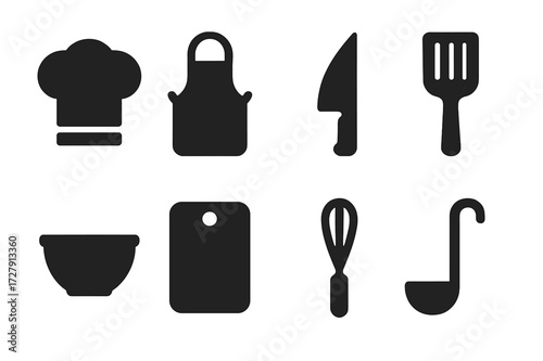 Chef Tools Icons. Solid, filled icon set of chef tools: chef hat, apron, knife, spatula, mixing bowl, cutting board, whisk, ladle. Solid, filled icons in only