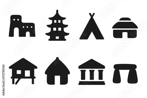 Ethnic Architecture Icons. Solid, filled icon set of ethnic architecture: adobe house, pagoda, teepee, yurt, stilt house, hut, temple, stone circle. Solid,