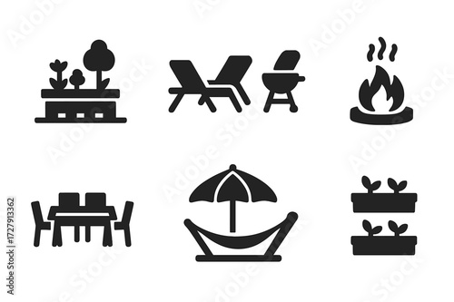 Penthouse Outdoor Icon Set. Solid, filled icon set of penthouse outdoor spaces: rooftop garden, lounge chairs, barbecue grill, fire pit, outdoor dining table,