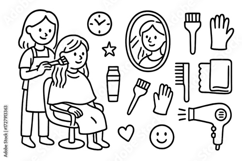 Hair Salon Doodle. Hand-drawn doodle illustration hair coloring mirror reflection mirror, stylist, client, hair dye tube, brush, gloves, comb, towel,