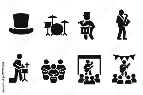 Hi-Hat Icon Set. Solid, filled icon set of hi-hat history and culture: vintage hi-hat, classic drum set, marching band, jazz band, street performance, drum