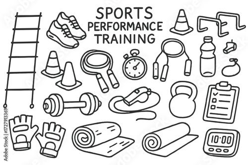 Sports Training Essentials. Hand-drawn doodle illustration [sports performance training] [agility ladder, sneakers, cones, hurdles, jump rope, dumbbell,