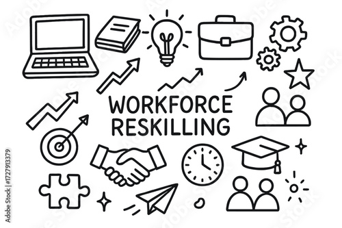 Workforce Reskilling Icons. Hand-drawn doodle illustration Workforce reskilling laptop, book, light bulb, gears, briefcase, graduation cap, chart arrow,