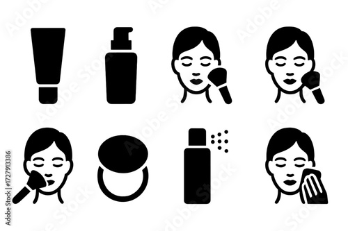 Facial Makeup Steps Icons. Solid, filled icon set of facial makeup steps: primer, foundation, contour, blush, highlight, setting powder, setting spray, makeup