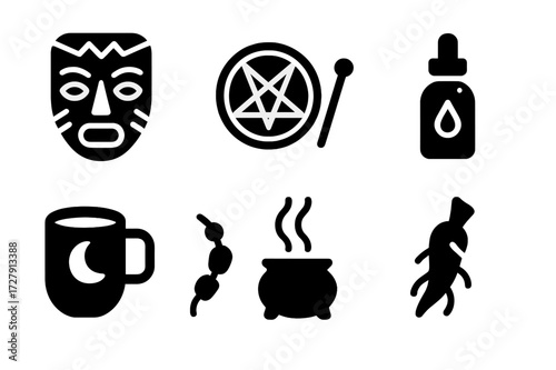 Ritual Healing Icons. Solid, filled icon set of ritual healing: chant mask, rhythm drum, circle stones, healing oil, moon milk, bone beads, ancestral smoke,