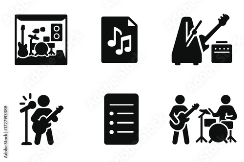 Band Practice Icons. Solid, filled icon set of band practice: rehearsal room, sheet music, metronome, tuning, soundcheck, warm-up, song list, jam session.