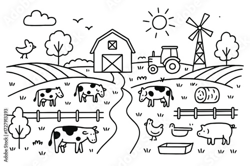 Rural Farm Doodle. Hand-drawn doodle illustration a rural landscape with fields of green, a barn, and grazing cows barn, cow, fence, tractor, windmill, tree,