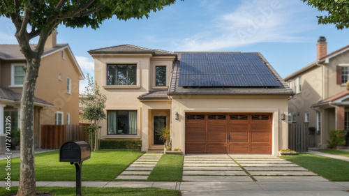 Beautiful house with solar panels on the roof, a sustainable and ecofriendly home, generating clean energy, reducing carbon footprint, sunny day