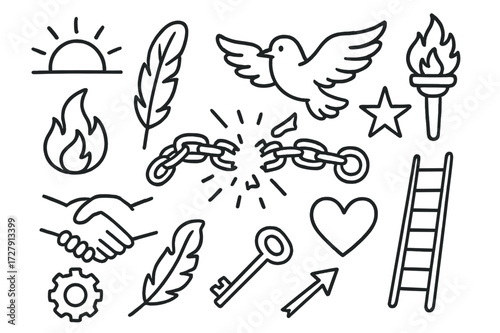 Breaking Free Doodle. Hand-drawn doodle illustration Breaking free broken shackle, chains, wings, bird, feather, sun, torch, star, heart, gear, flame, key,