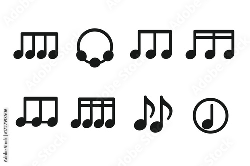 Drum Pattern Icon Set. Solid, filled icon set of fill patterns: linear fill, circular fill, syncopated fill, triplet fill, double stroke fill, paradiddle fill,