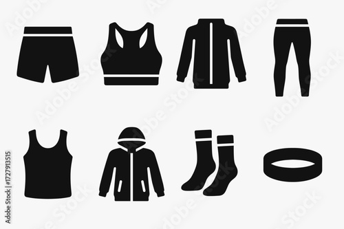Sportswear Icon Set. Solid, filled icon set of sportswear types: running shorts, sports bra, tracksuit, compression leggings, tank top, windbreaker jacket,