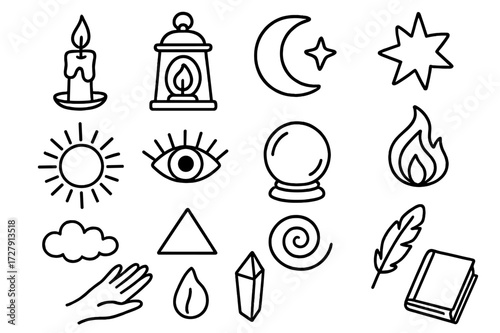 Mystic Symbols Doodle. Hand-drawn doodle illustration mystic light candle, lantern, moon, star, sun, eye, crystal ball, flame, cloud, triangle, spiral,