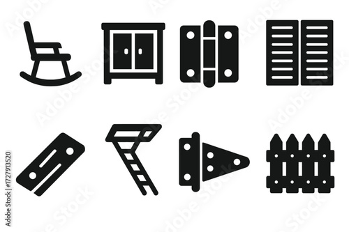 Creaking Icons Collection. Solid, filled icon set of creaking household objects: rocking chair, wooden cabinet, door hinge, window shutter, old floorboard,
