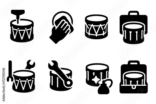 Military Drum Icon Set. Solid, filled icon set of military drum maintenance: tuning, cleaning, head replacement, rope tightening, lug adjustment, shell