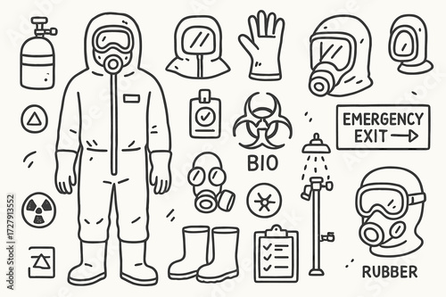 Hazmat Gear Doodle. Hand-drawn doodle illustration [Hazmat suit and gear] [full-body suit, gas mask, gloves, boots, sealed zipper, face shield, air tank, bio