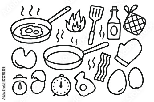 Doodle Cooking Icons. Hand-drawn doodle illustration [Frying pan handle] [frying pan, handle grip, spatula, hot stove, flame icon, scrambled eggs, steam lines,