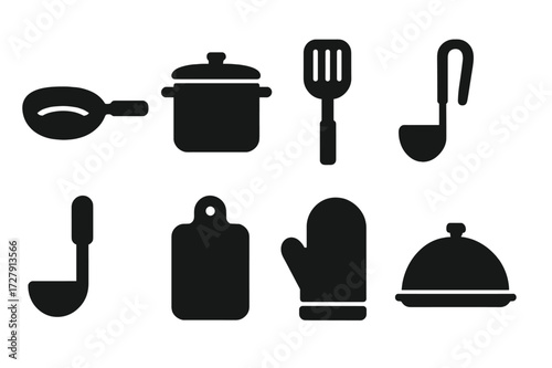 Kitchen Tools Icons. Solid, filled icon set of dinner kitchen tools: frying pan, pot, spatula, whisk, ladle, cutting board, oven mitt, serving tray. Line icons