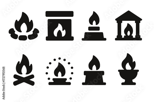 Sacred Fire Icons. Solid, filled icon set of sacred fire locations: fire pit, hearth, shrine flame, temple flame, outdoor bonfire, ritual circle, altar flame,
