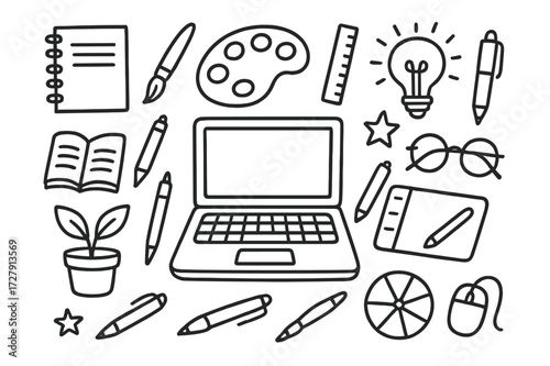 Creative Tools Doodle. Hand-drawn doodle illustration Laptop for creative design laptop, stylus, tablet, paintbrush, palette, ruler, notebook, pen, glasses,