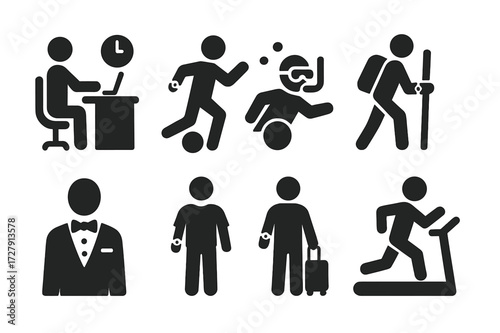 Watch Icon Scenarios. Solid, filled icon set of watch usage scenarios: office, sports, diving, hiking, formal event, casual wear, travel, fitness. [Solid,