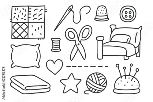 Quilting Tools Doodle. Hand-drawn doodle illustration Worn quilt patchwork square, fabric piece, needle, thread spool, thimble, button, scissors, stitching