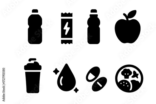 Cardio Nutrition Icons. Solid, filled icon set of cardio nutrition: water bottle, energy bar, sports drink, fruit, protein shake, electrolytes, vitamins,