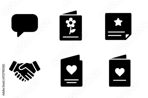 Polite Communication Icons. Solid, filled icon set of polite communication: speech bubble, thank you note, apology letter, compliment, invitation card,
