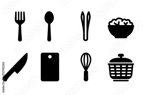 Salad Utensil Icons. Solid, filled icon set of salad utensils: fork, spoon, tongs, bowl, chopping knife, cutting board, whisk, salad spinner. Line icons in