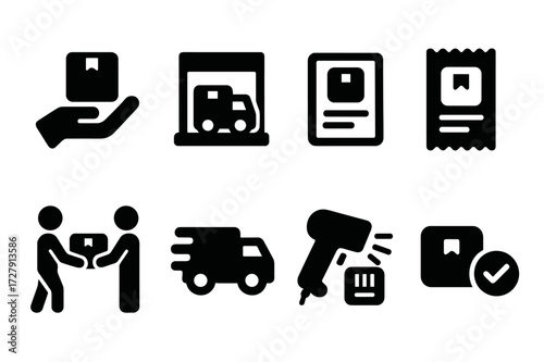Delivery Icons Set. Solid, filled icon set of delivery processes: parcel pickup, loading dock, shipping label, delivery receipt, courier handoff, truck