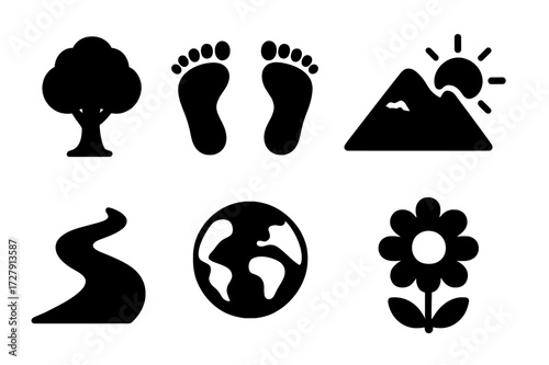 Barefoot Nature Icons. Solid, filled icon set of barefoot nature connection: tree, river, mountain, earth, sky, cloud, sun, flower. [Line icons in only black