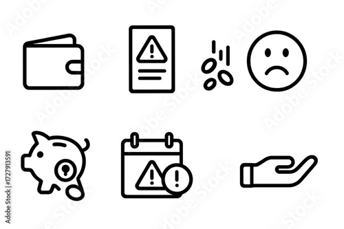 Financial Hardship Icons. Solid, filled icon set of financial hardship: empty wallet, overdue bill, coins falling, sad face, broken piggy bank, credit card