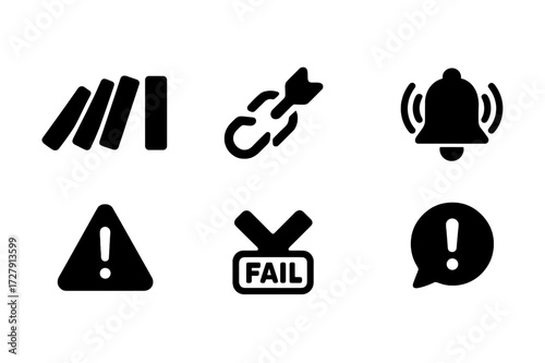 Mistake Consequence Icons. Solid, filled icon set of mistake consequences: falling dominoes, broken link, missed opportunity, alarm bell, danger sign, crossed