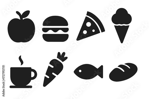 Black Food Icons. Solid, filled icon set of food items: apple, burger, pizza slice, ice cream cone, coffee cup, carrot, fish, bread loaf. Solid, filled icons