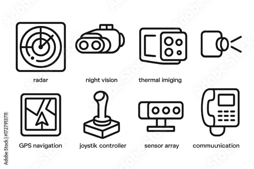 Combat Engineering Icons. Outline icon set of combat engineering vehicle electronic systems: radar, night vision, thermal camera, laser rangefinder, GPS