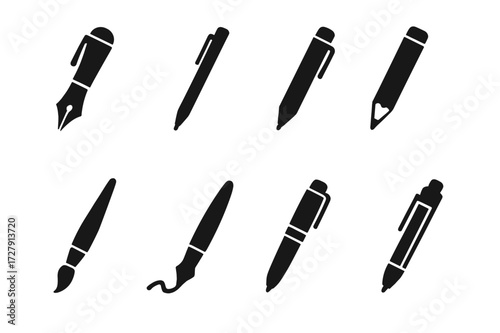 Diverse Pen Icons. Solid, filled icon set of pen brands: luxury pen, budget pen, office pen, school pen, artist pen, signature pen, branded pen, custom pen.