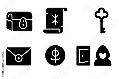 Mysterious Icons Set. Solid, filled icon set of mysterious objects: locked chest, ancient scroll, secret map, mysterious key, sealed letter, cryptic symbol,