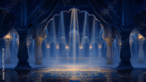 Mystic blue palace interior with columns and fountains