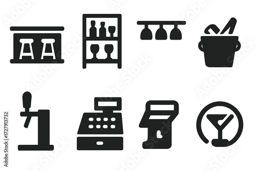Bar Equipment Icons. Solid, filled icon set of bar furniture and equipment: bar counter, stools, shelves, glass rack, ice bucket, draft tap, cash register,