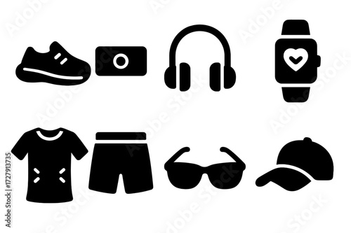 Cardio Gear Icons. Solid, filled icon set of cardio gear: running shoes, sweatband, headphones, fitness tracker, breathable shirt, shorts, sunglasses, cap.