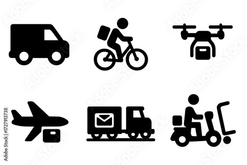 Delivery Vehicles Icons. Solid, filled icon set of delivery vehicles: delivery van, bicycle courier, cargo truck, drone, airplane, mail train, scooter, hand