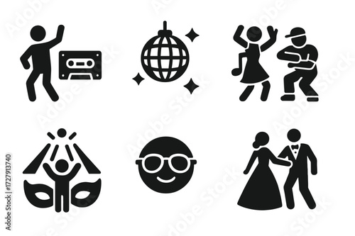 Themed Dance Night Icons. Solid, filled icon set of themed dance nights: 80s party, disco night, Latin fiesta, hip-hop jam, EDM rave, glow night, masquerade